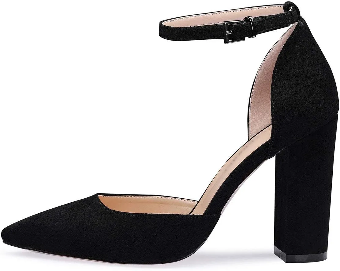 Castamere Womens High Heels Chunky Block Heel Sandals Pointed Toe Ankle Strap Pumps 10CM
