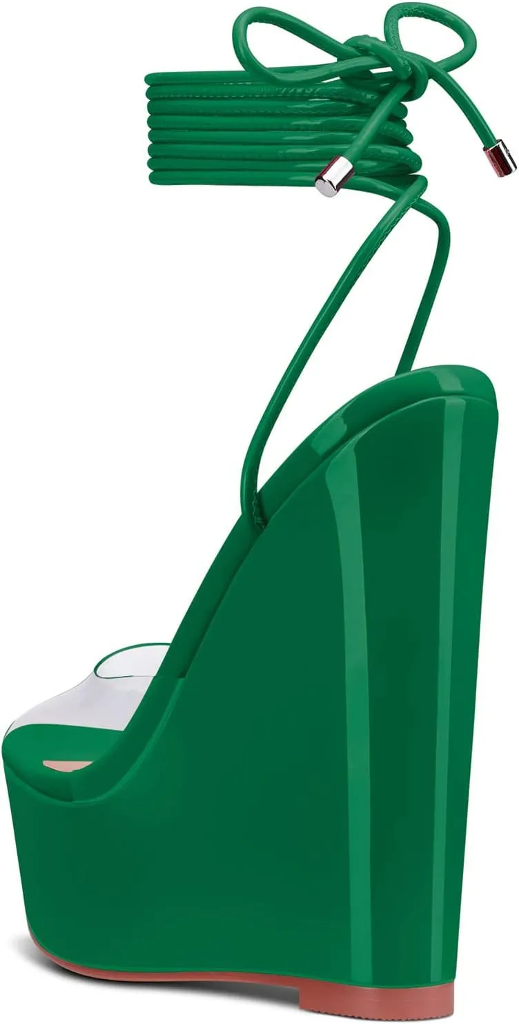 Castamere Womens High Wedge Platform Heel Peep Open Toe Ankle Strap Sandals Lace Wedding Clear Dress Shoes 5.9 Inches Heels