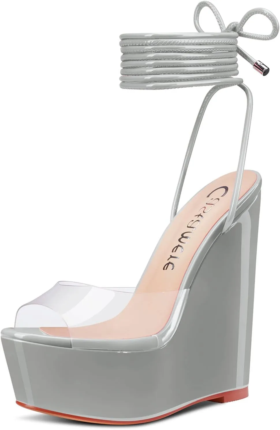 Castamere Womens High Wedge Platform Heel Peep Open Toe Ankle Strap Sandals Lace Wedding Clear Dress Shoes 5.9 Inches Heels
