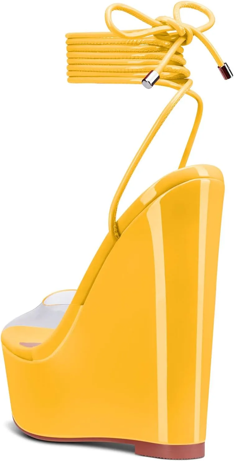 Castamere Womens High Wedge Platform Heel Peep Open Toe Ankle Strap Sandals Lace Wedding Clear Dress Shoes 5.9 Inches Heels