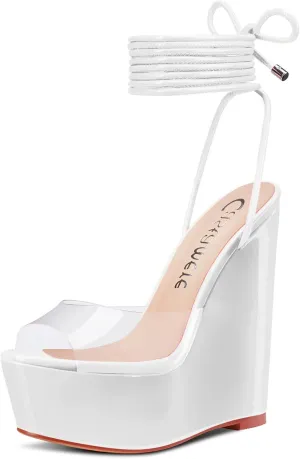 Castamere Womens High Wedge Platform Heel Peep Open Toe Ankle Strap Sandals Lace Wedding Clear Dress Shoes 5.9 Inches Heels