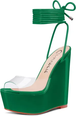 Castamere Womens High Wedge Platform Heel Peep Open Toe Ankle Strap Sandals Lace Wedding Clear Dress Shoes 5.9 Inches Heels