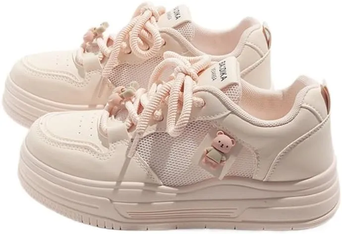 Cherry Bear Charms Retro Chunky Sneakers for Women & Girls - Breathable Mesh Kawaii Shoes, White Casual Trainers for Back to School, Campus Strolls, Beach Travel, Y2K Minimalist Streetwear Style