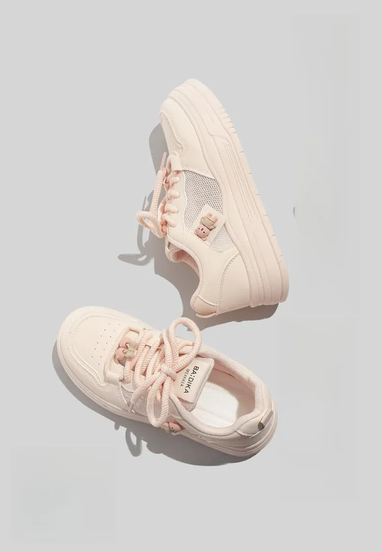 Cherry Bear Charms Retro Chunky Sneakers for Women & Girls - Breathable Mesh Kawaii Shoes, White Casual Trainers for Back to School, Campus Strolls, Beach Travel, Y2K Minimalist Streetwear Style