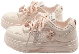 Cherry Bear Charms Retro Chunky Sneakers for Women & Girls - Breathable Mesh Kawaii Shoes, White Casual Trainers for Back to School, Campus Strolls, Beach Travel, Y2K Minimalist Streetwear Style