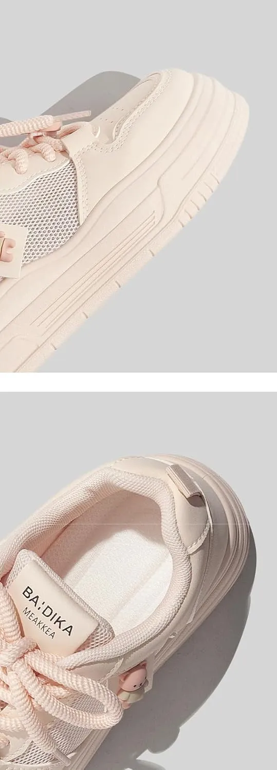 Cherry Bear Charms Retro Chunky Sneakers for Women & Girls - Breathable Mesh Kawaii Shoes, White Casual Trainers for Back to School, Campus Strolls, Beach Travel, Y2K Minimalist Streetwear Style