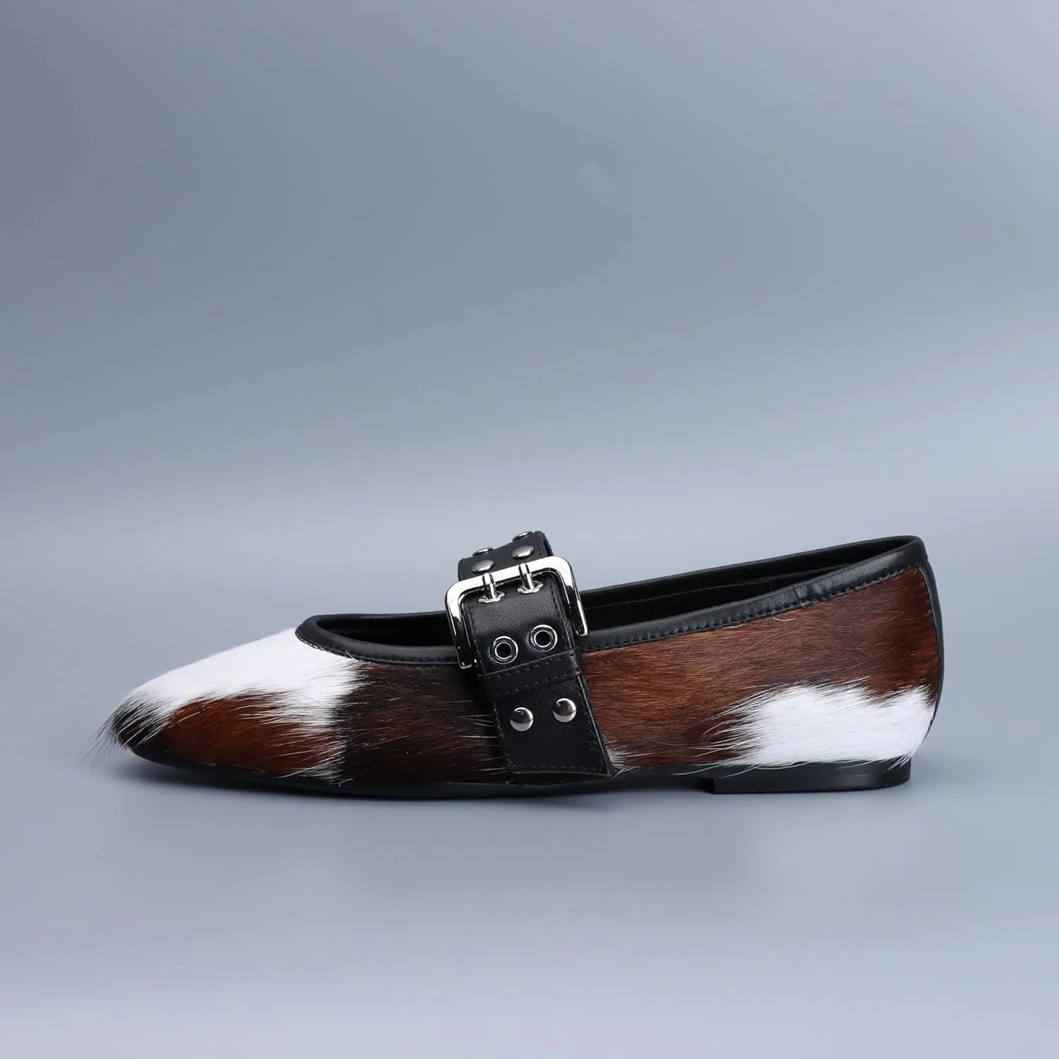 CKS Women's Mary Jane Ballet Flats Square Toe,Adjustable Buckle Strap, Memory Foam Comfort, Leather-Lined Calf Hair Dress Shoes