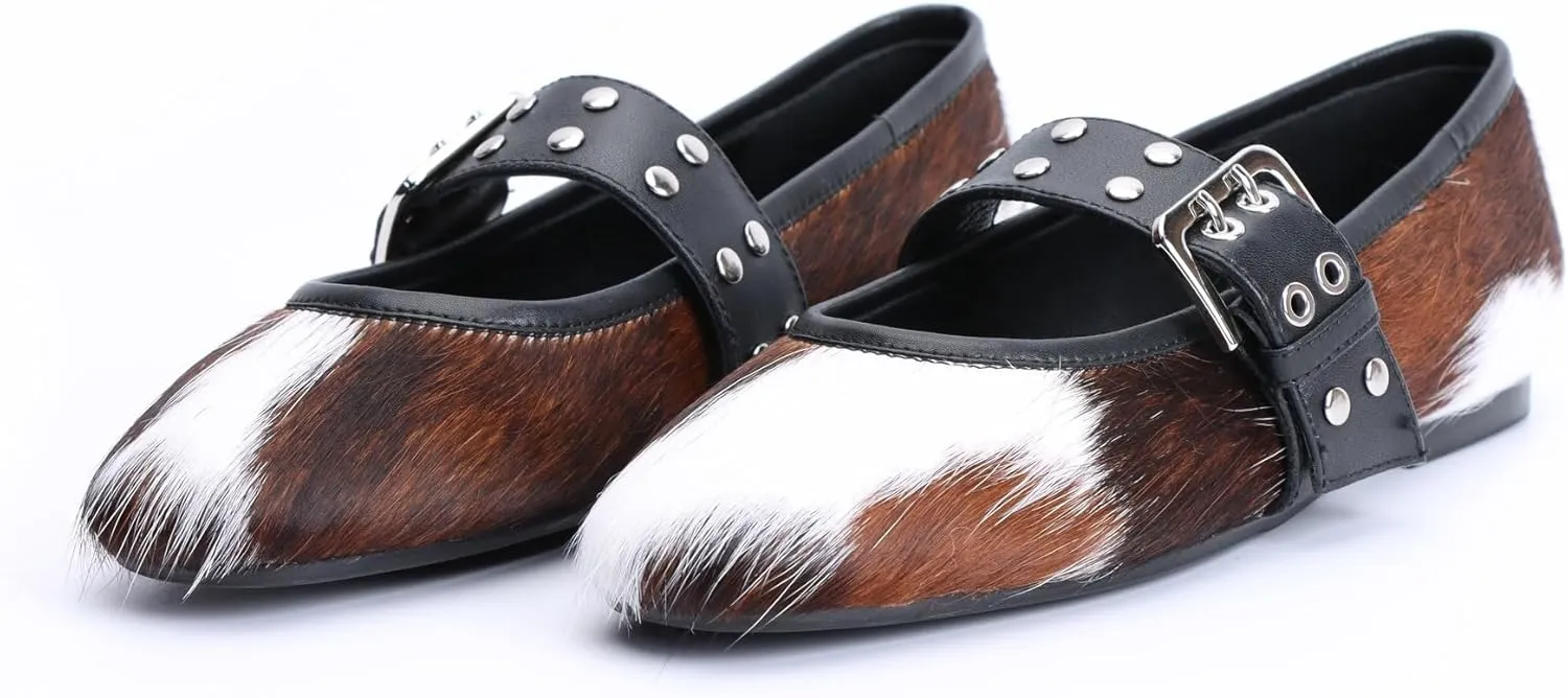 CKS Women's Mary Jane Ballet Flats Square Toe,Adjustable Buckle Strap, Memory Foam Comfort, Leather-Lined Calf Hair Dress Shoes