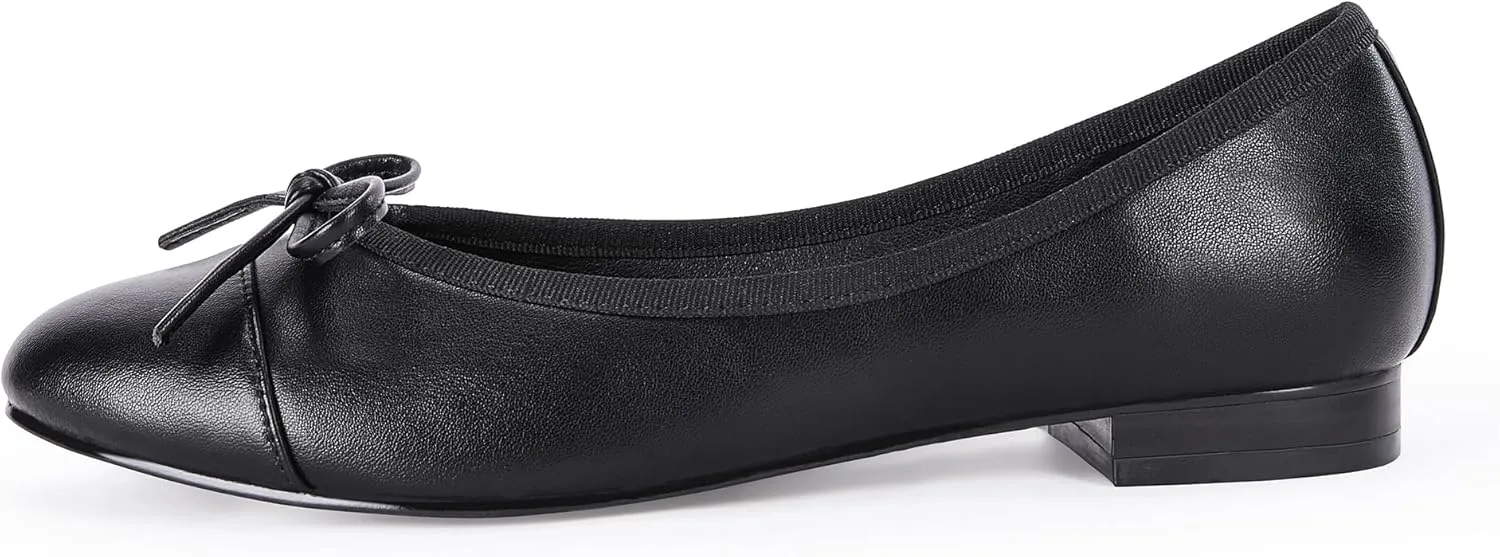 Coutgo Womens Cap Toe Ballet Flats Bow Pointed Toe Slip On Office Work Comfort Dress Party Flat Shoes