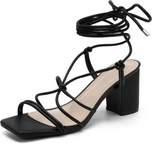 Coutgo Women's Chunky Heel Sandals Lace Up Heels Square Toe Strappy Straps Party Shoes