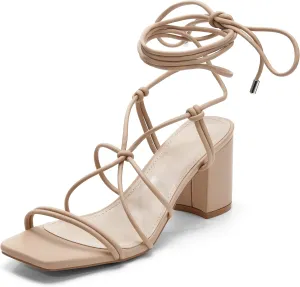 Coutgo Women's Chunky Heel Sandals Lace Up Heels Square Toe Strappy Straps Party Shoes