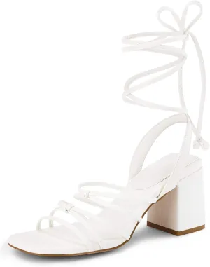 Coutgo Women's Strappy Chunky Heels Sandals Lace Up Block Heel Square Open Toe Dress Shoes