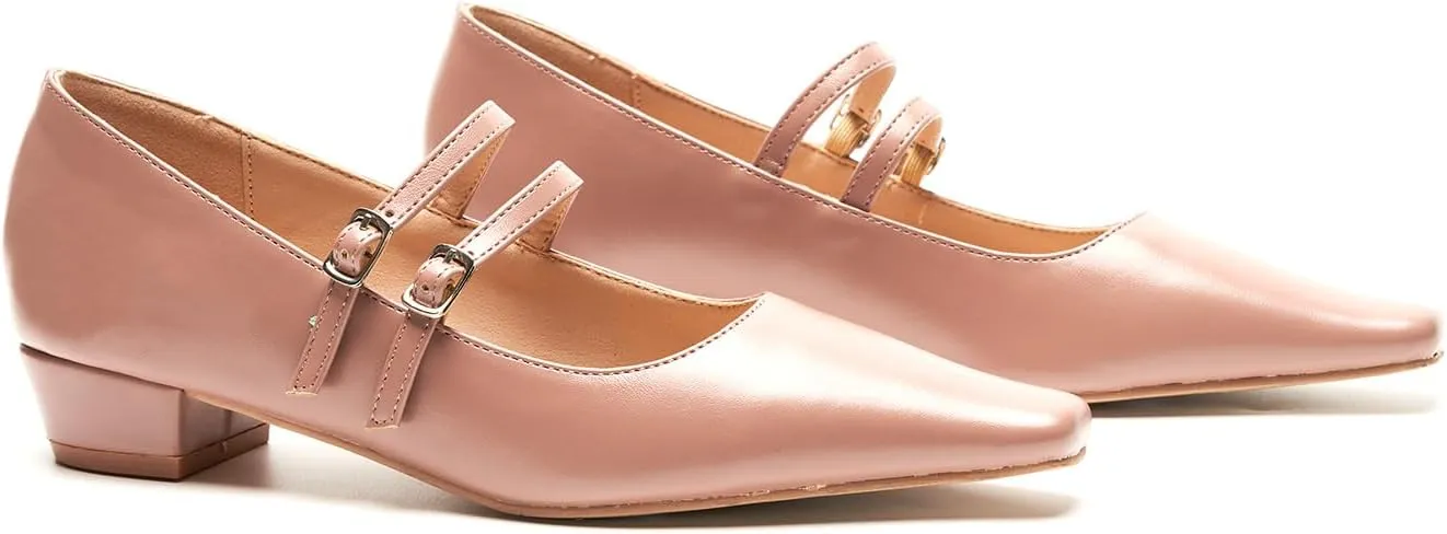 C.Paravano Women's Mary Jane Flats with Narrow Square Toe & Double Adjustable Straps - Low Block Heel Dress Pumps for Party, Office, Daily Wear