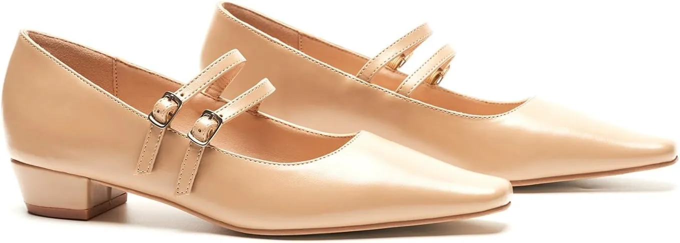 C.Paravano Women's Mary Jane Flats with Narrow Square Toe & Double Adjustable Straps - Low Block Heel Dress Pumps for Party, Office, Daily Wear