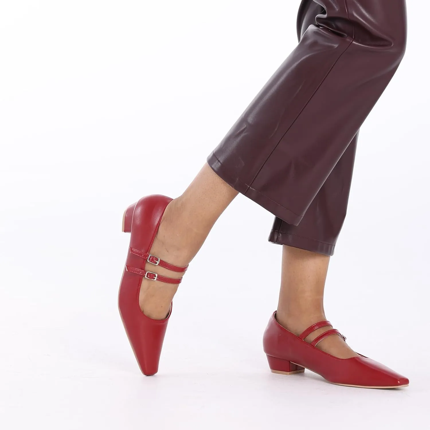 C.Paravano Women's Mary Jane Flats with Narrow Square Toe & Double Adjustable Straps - Low Block Heel Dress Pumps for Party, Office, Daily Wear