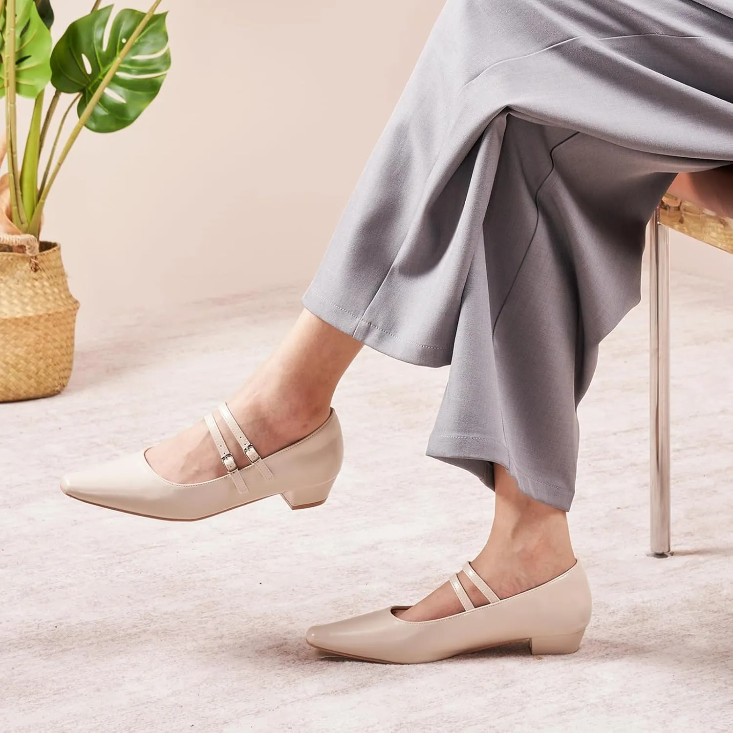 C.Paravano Women's Mary Jane Flats with Narrow Square Toe & Double Adjustable Straps - Low Block Heel Dress Pumps for Party, Office, Daily Wear