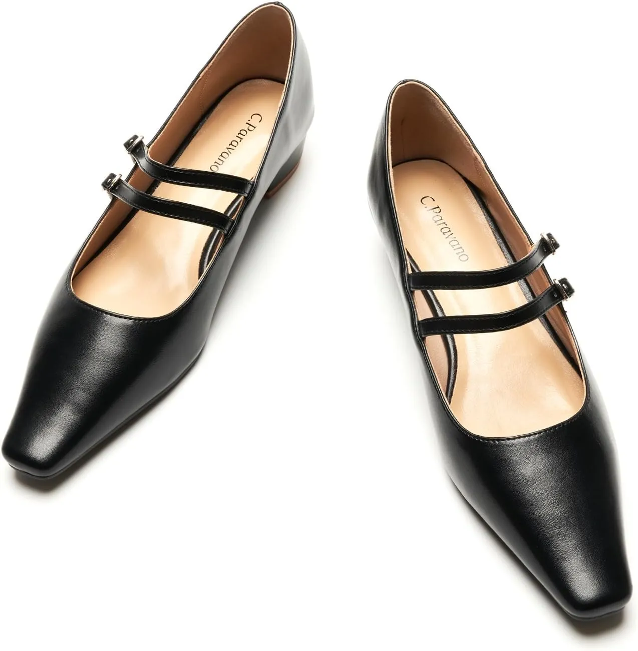 C.Paravano Women's Mary Jane Flats with Narrow Square Toe & Double Adjustable Straps - Low Block Heel Dress Pumps for Party, Office, Daily Wear