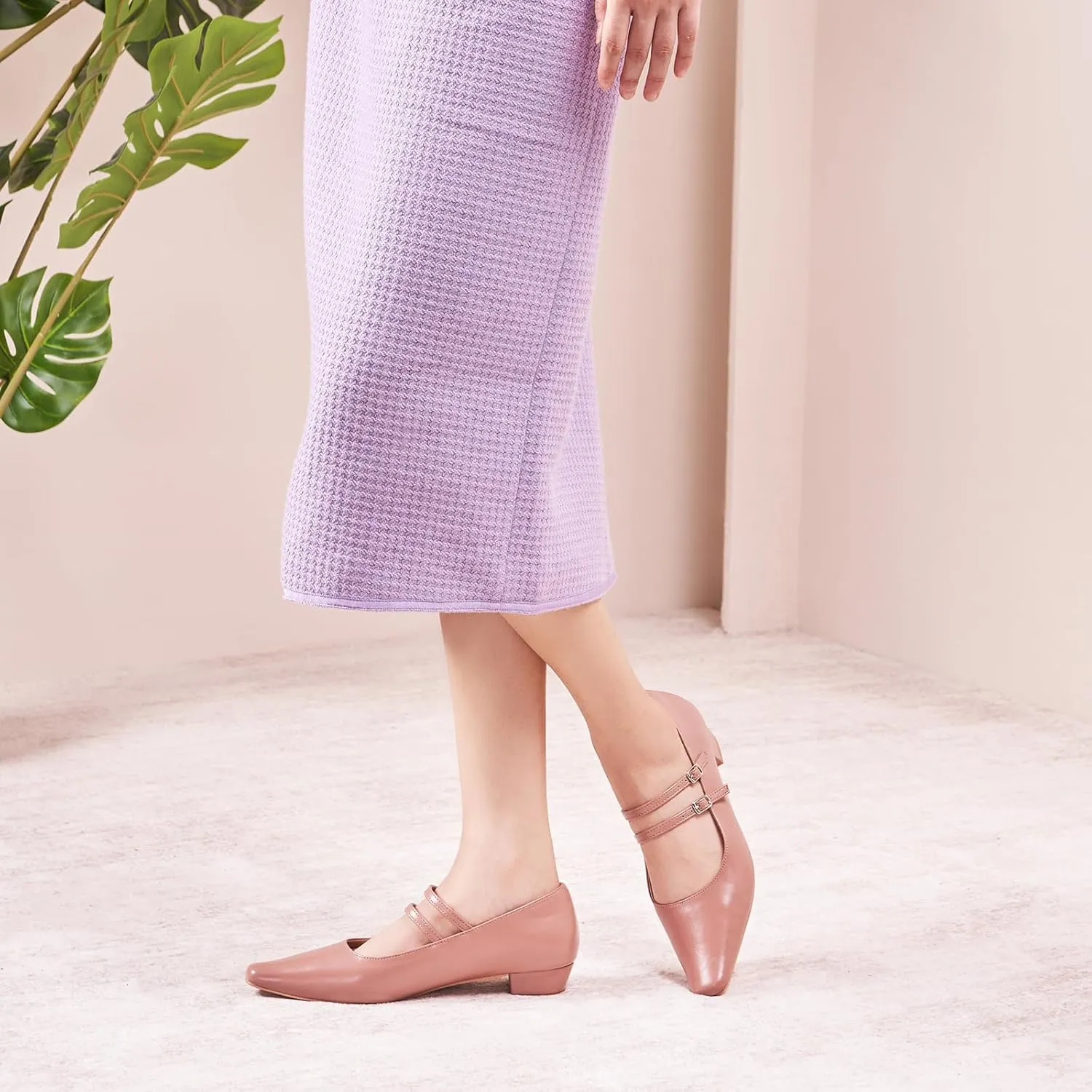 C.Paravano Women's Mary Jane Flats with Narrow Square Toe & Double Adjustable Straps - Low Block Heel Dress Pumps for Party, Office, Daily Wear