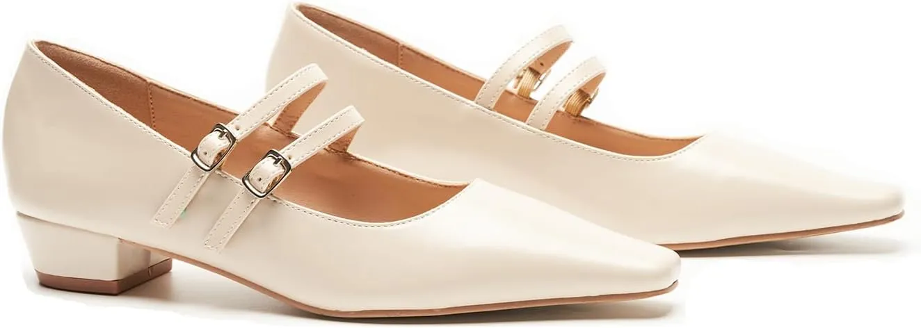 C.Paravano Women's Mary Jane Flats with Narrow Square Toe & Double Adjustable Straps - Low Block Heel Dress Pumps for Party, Office, Daily Wear