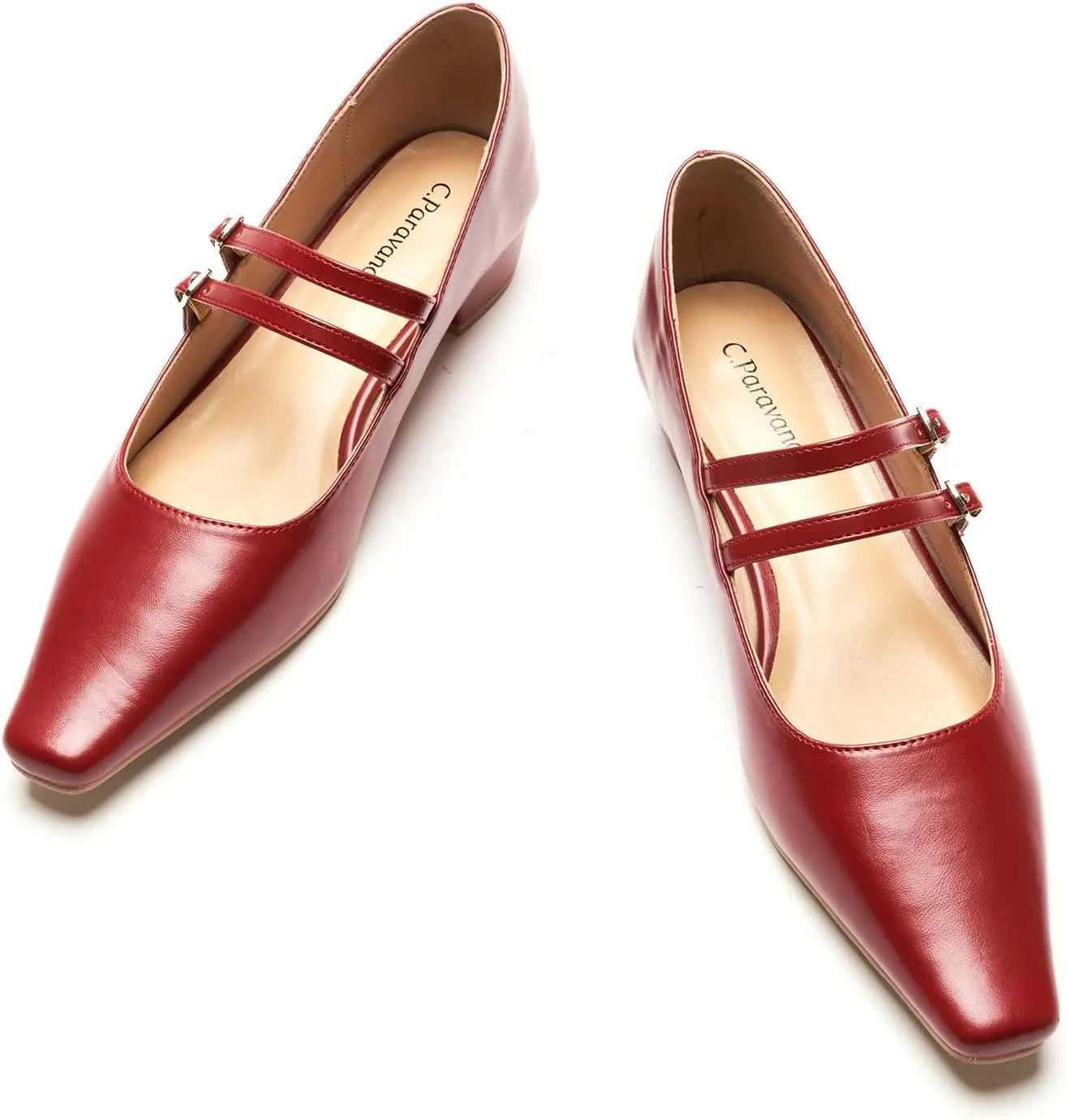 C.Paravano Women's Mary Jane Flats with Narrow Square Toe & Double Adjustable Straps - Low Block Heel Dress Pumps for Party, Office, Daily Wear