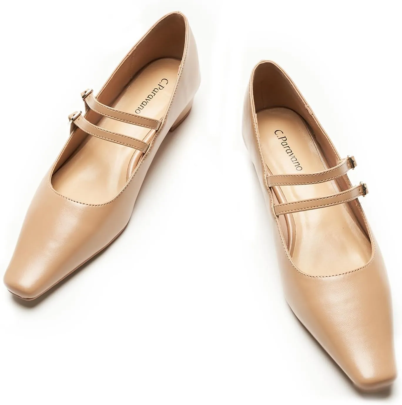 C.Paravano Women's Mary Jane Flats with Narrow Square Toe & Double Adjustable Straps - Low Block Heel Dress Pumps for Party, Office, Daily Wear