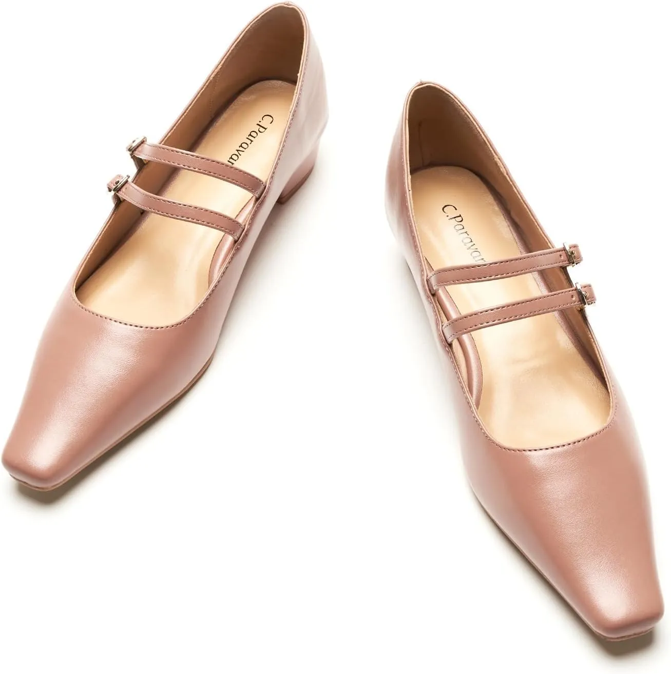 C.Paravano Women's Mary Jane Flats with Narrow Square Toe & Double Adjustable Straps - Low Block Heel Dress Pumps for Party, Office, Daily Wear