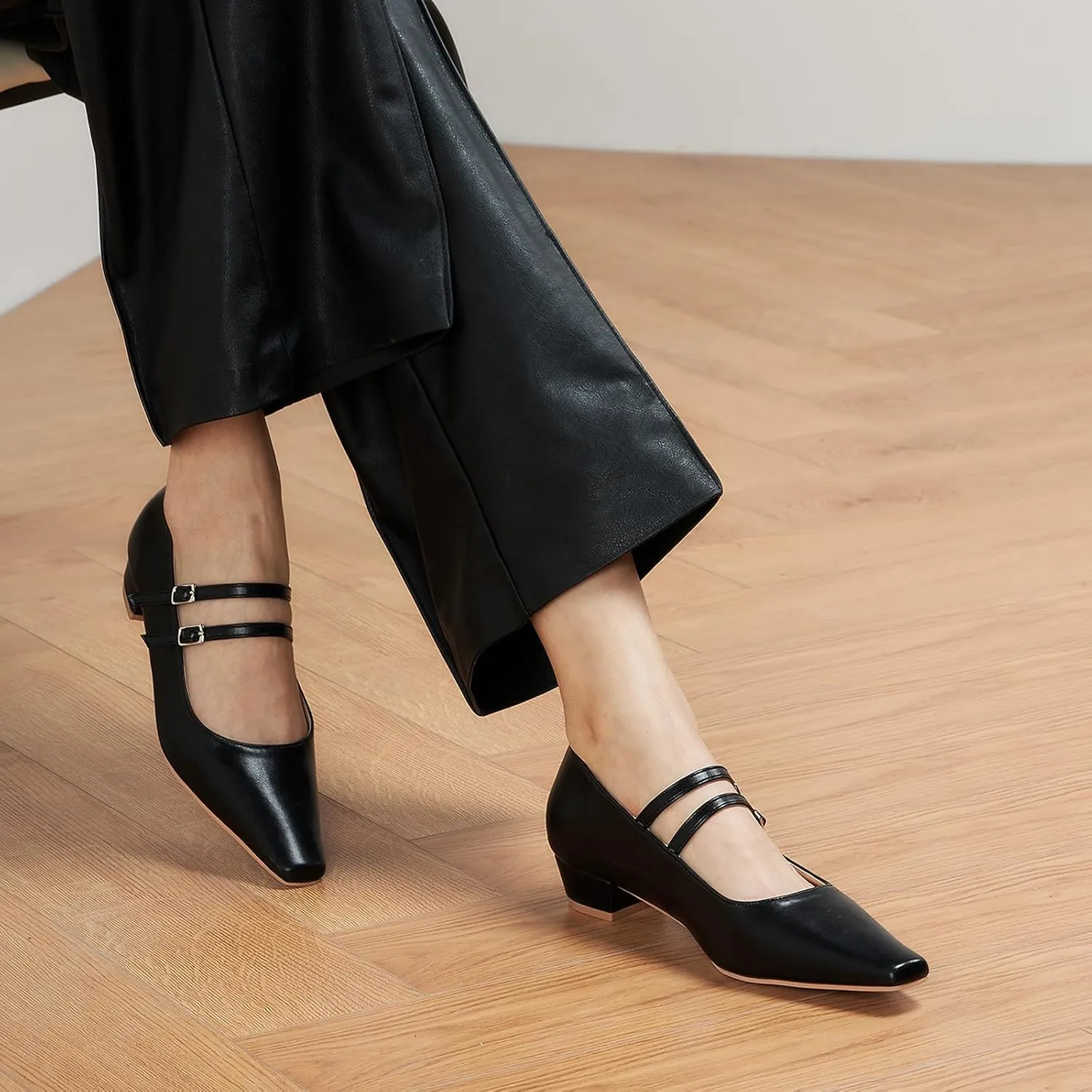 C.Paravano Women's Mary Jane Flats with Narrow Square Toe & Double Adjustable Straps - Low Block Heel Dress Pumps for Party, Office, Daily Wear