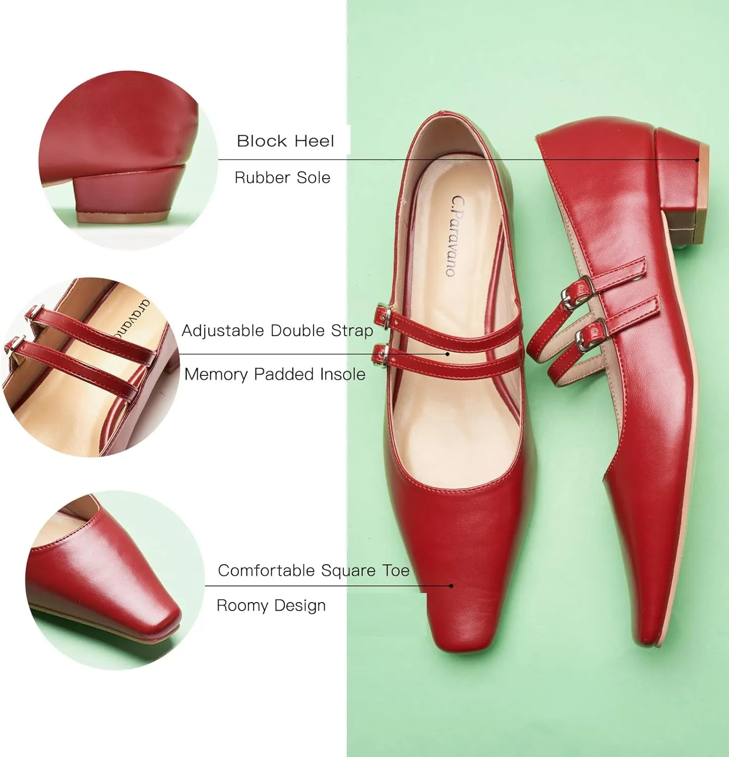 C.Paravano Women's Mary Jane Flats with Narrow Square Toe & Double Adjustable Straps - Low Block Heel Dress Pumps for Party, Office, Daily Wear