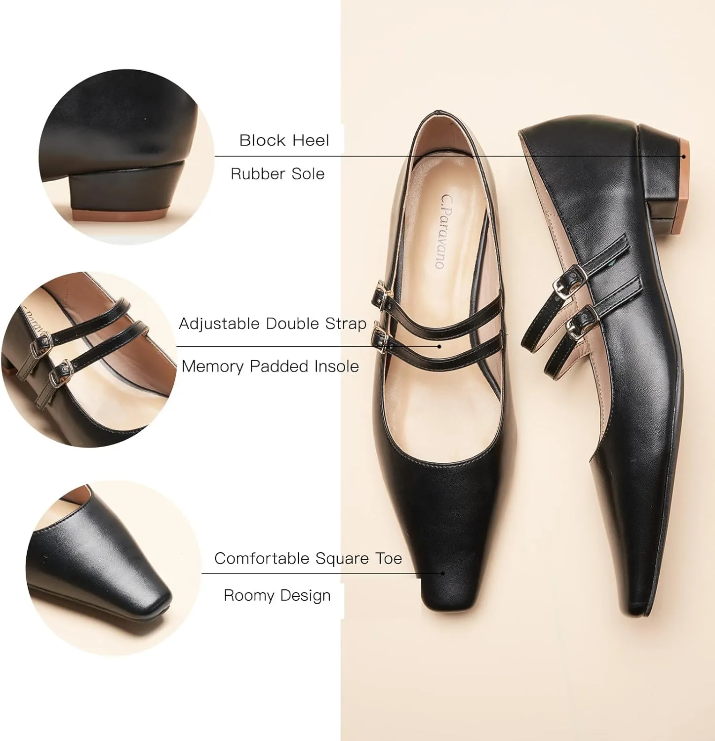 C.Paravano Women's Mary Jane Flats with Narrow Square Toe & Double Adjustable Straps - Low Block Heel Dress Pumps for Party, Office, Daily Wear