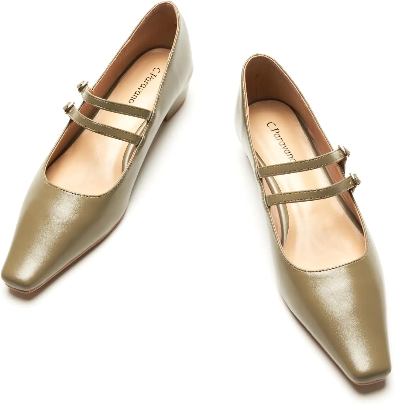 C.Paravano Women's Mary Jane Flats with Narrow Square Toe & Double Adjustable Straps - Low Block Heel Dress Pumps for Party, Office, Daily Wear