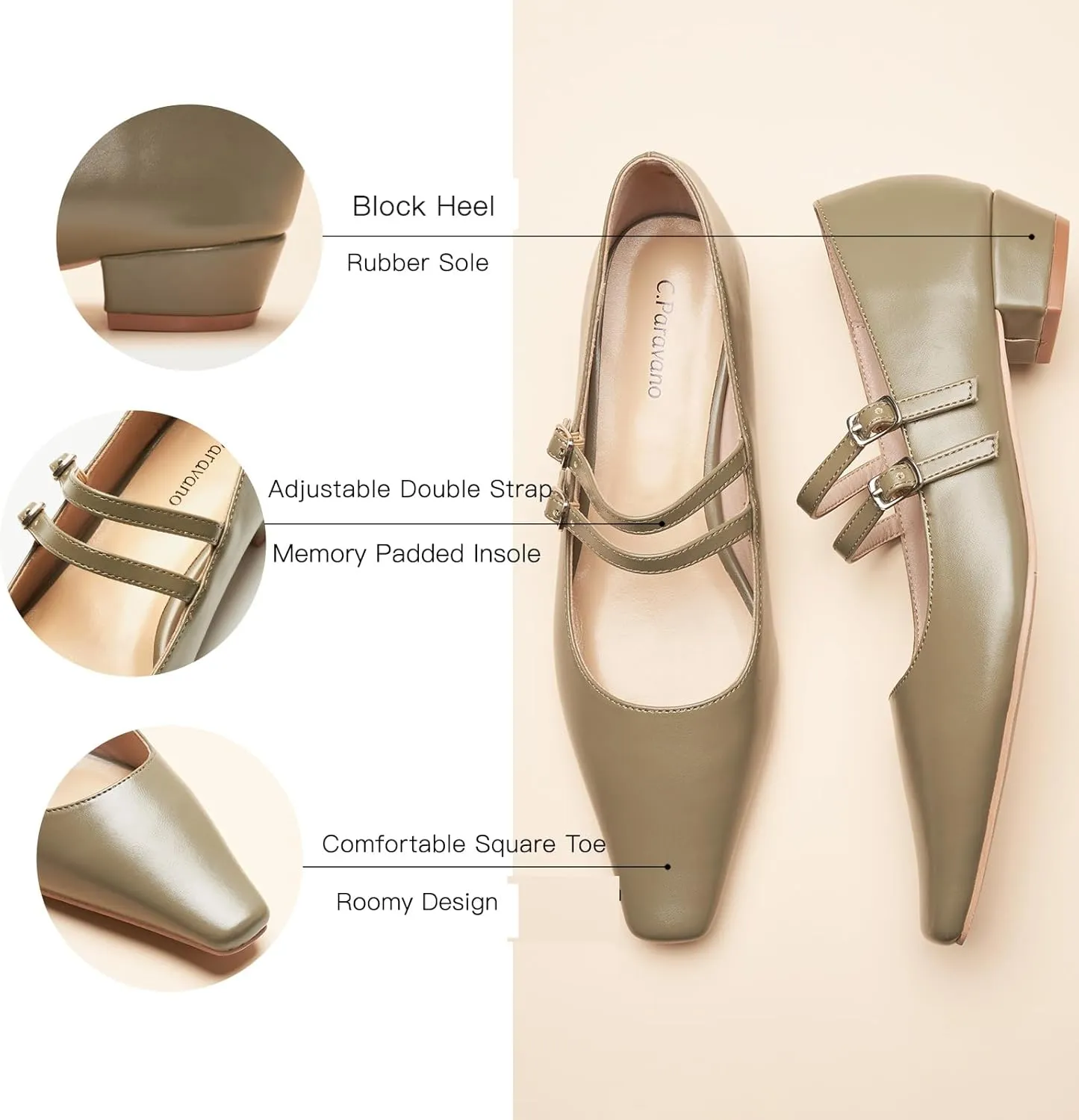 C.Paravano Women's Mary Jane Flats with Narrow Square Toe & Double Adjustable Straps - Low Block Heel Dress Pumps for Party, Office, Daily Wear