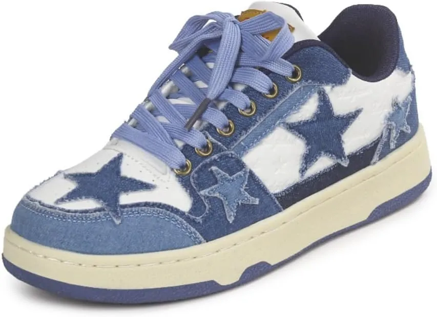 Cute Star Shoes - Denim Blue Chunky Platform Sneakers for Women & Girls, Y2K Retro Casual Trainer for Everyday Wear, Beach Travel, Back to School Gift, Party, Sports, Hiking