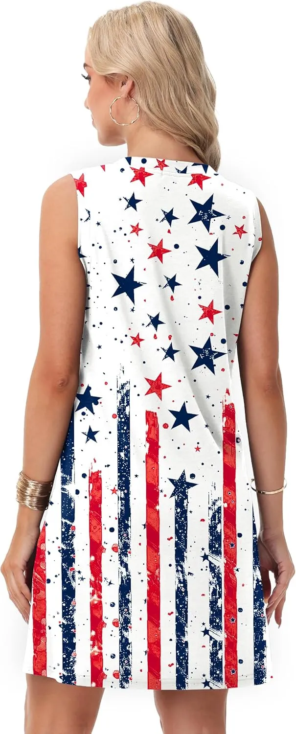 Deerose July 4th Sleeveless Dress American Flag Swim Cover Up Dress with Pockets