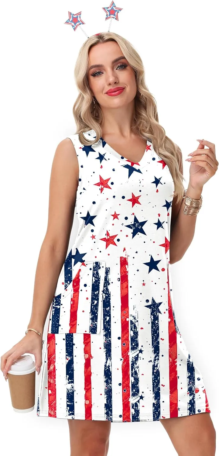 Deerose July 4th Sleeveless Dress American Flag Swim Cover Up Dress with Pockets