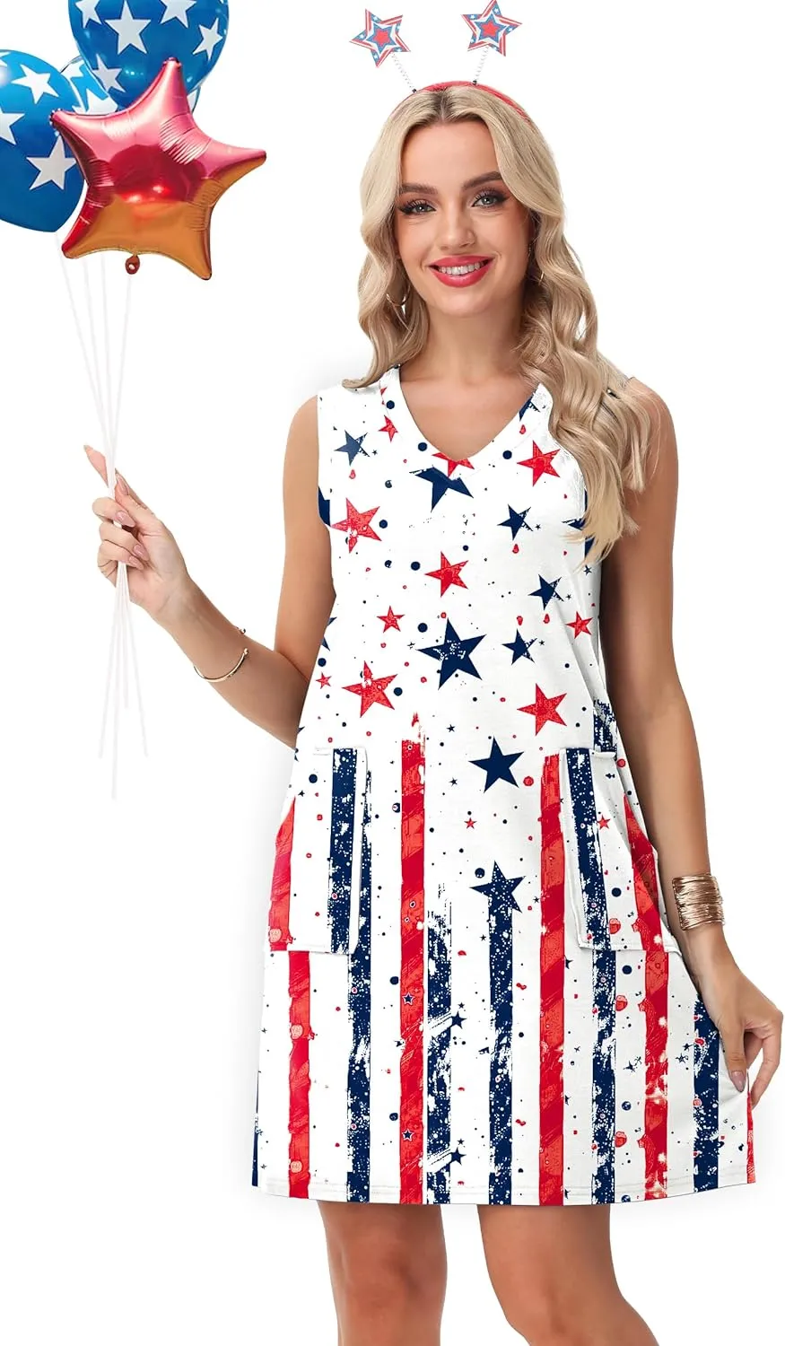 Deerose July 4th Sleeveless Dress American Flag Swim Cover Up Dress with Pockets