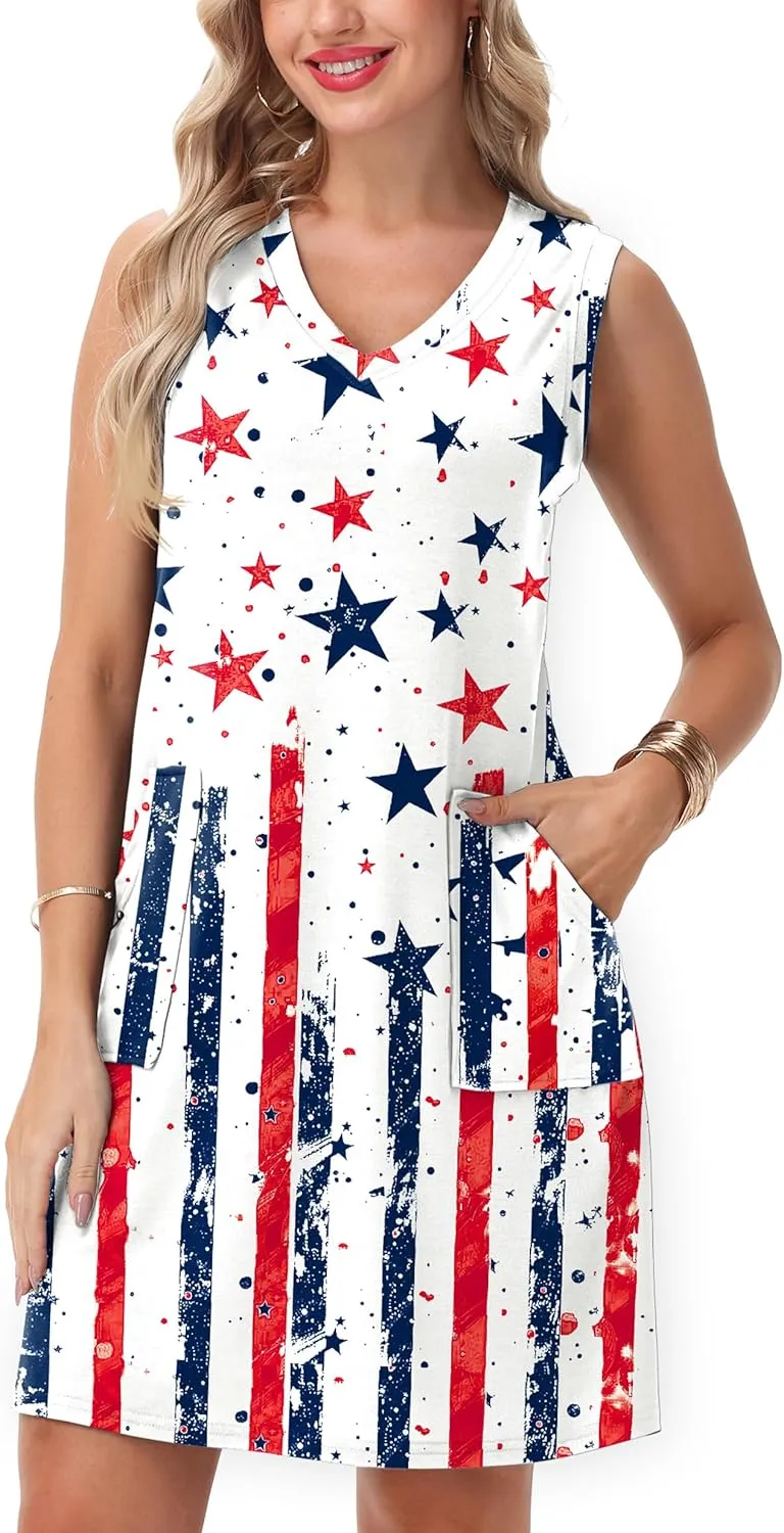 Deerose July 4th Sleeveless Dress American Flag Swim Cover Up Dress with Pockets
