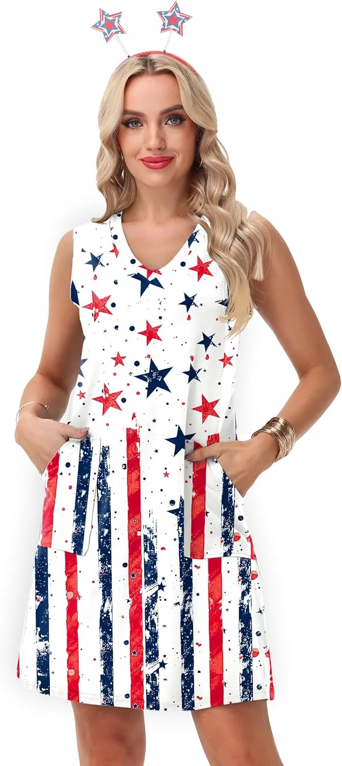 Deerose July 4th Sleeveless Dress American Flag Swim Cover Up Dress with Pockets