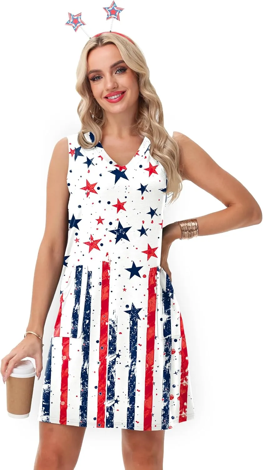 Deerose July 4th Sleeveless Dress American Flag Swim Cover Up Dress with Pockets