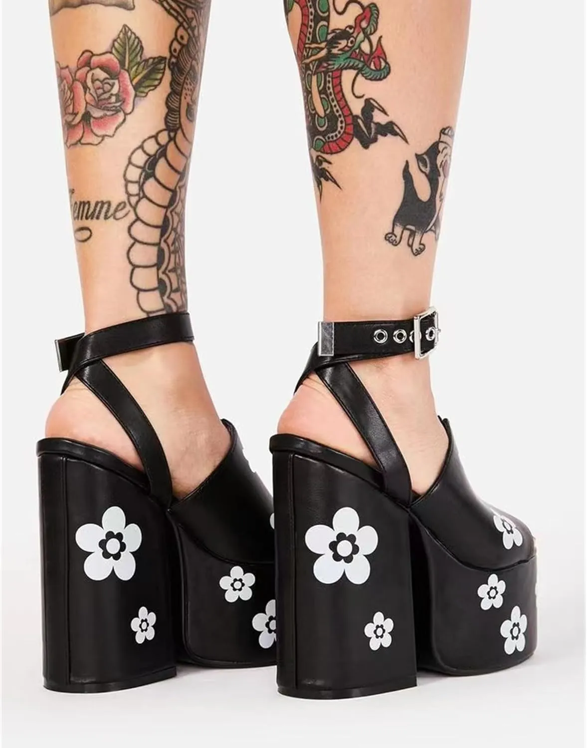 DETOGNI Women's Block High Heel Square Toe Ankle Strap Vegan Sandals Flower Printing Platform Sole Square Shaped Buckles Shoes