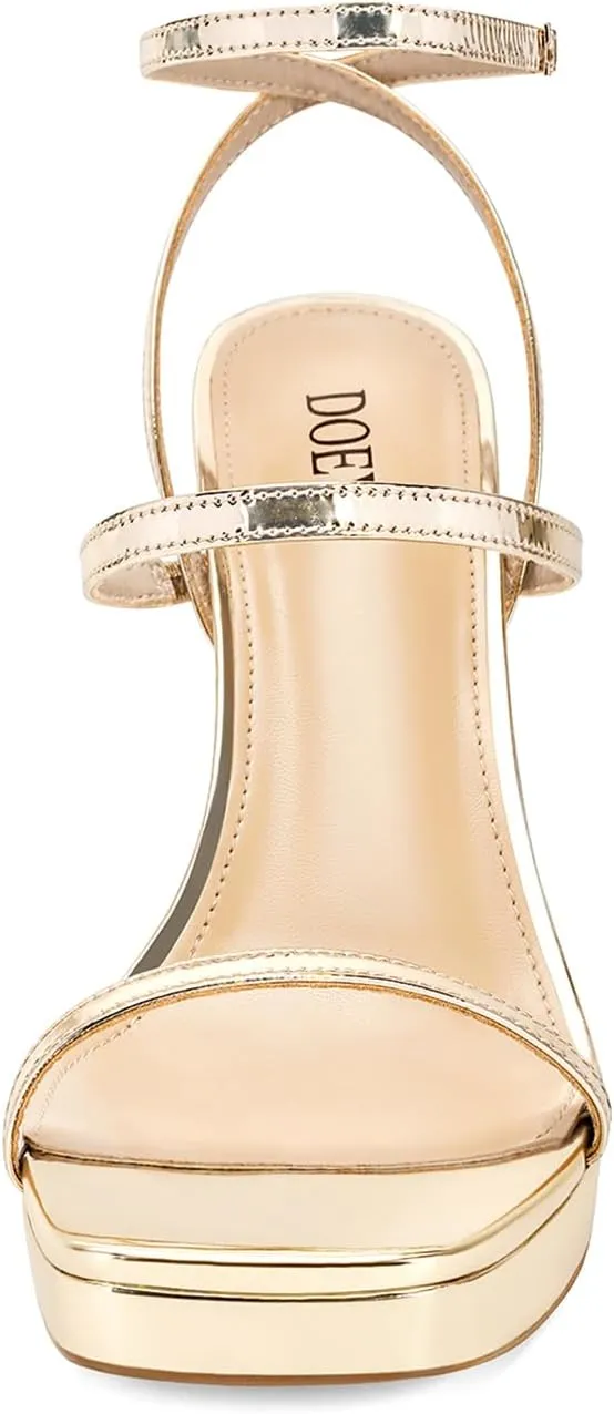DOEYG Womens Platform Stiletto High Heels Sandals Square Open Toe Ankle Strappy Heels Comfort Dress Wedding Party Heeled Sandals Shoes