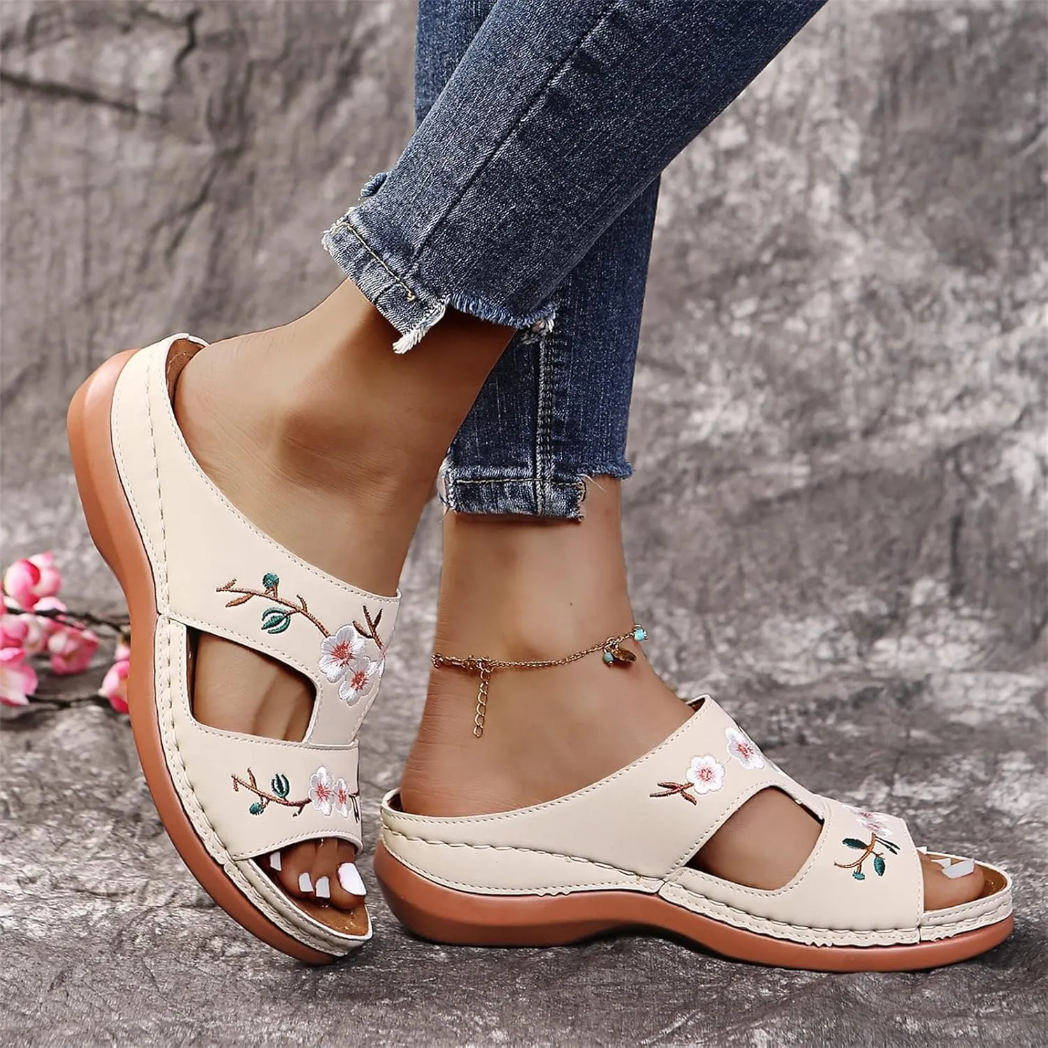 DOIX Womens Leather Slide Sandals Flower Embroidered Comfort Slippers with Arch Support Ladies Slip on Low Wedge Summer Loafers Shoes Casual Mules Garden Beach Shoes