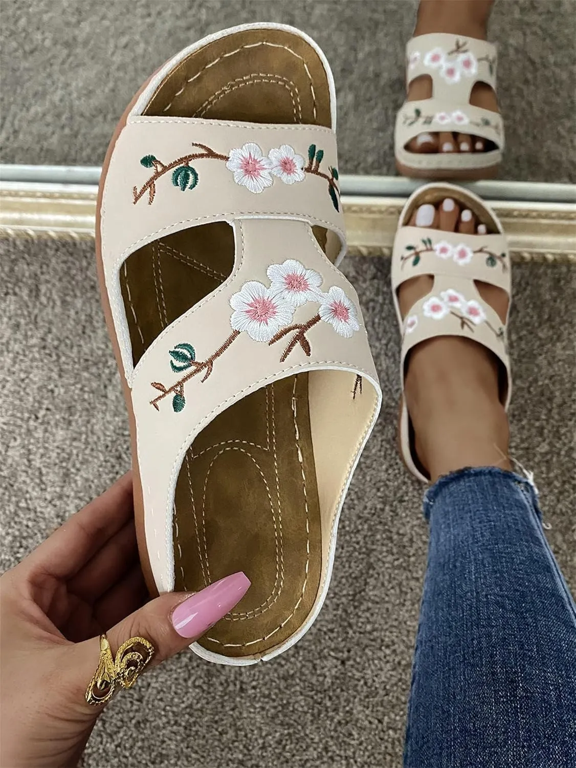 DOIX Womens Leather Slide Sandals Flower Embroidered Comfort Slippers with Arch Support Ladies Slip on Low Wedge Summer Loafers Shoes Casual Mules Garden Beach Shoes