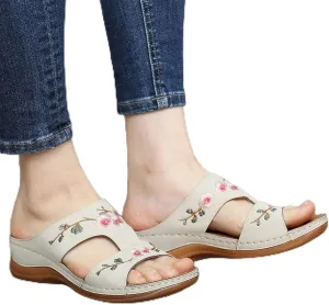 DOIX Womens Leather Slide Sandals Flower Embroidered Comfort Slippers with Arch Support Ladies Slip on Low Wedge Summer Loafers Shoes Casual Mules Garden Beach Shoes