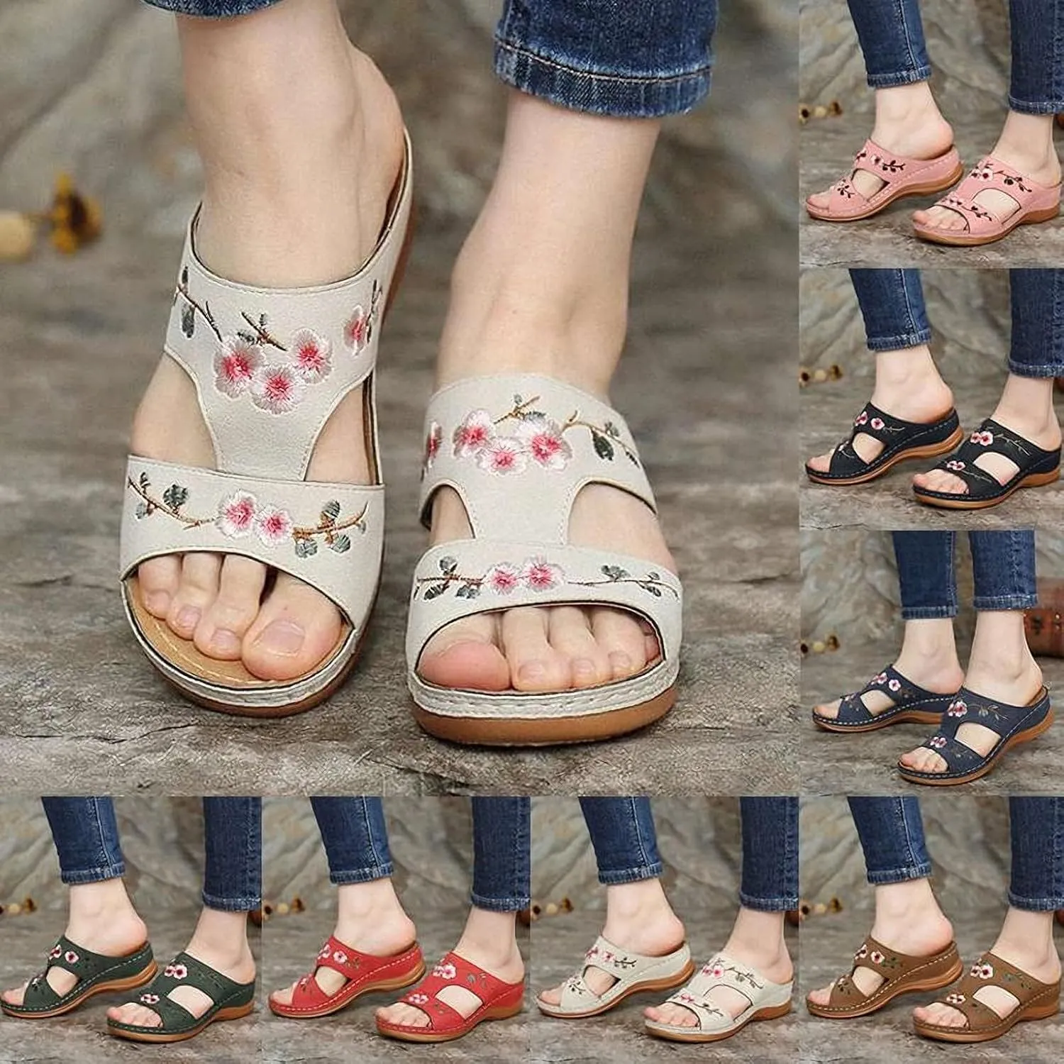 DOIX Womens Leather Slide Sandals Flower Embroidered Comfort Slippers with Arch Support Ladies Slip on Low Wedge Summer Loafers Shoes Casual Mules Garden Beach Shoes
