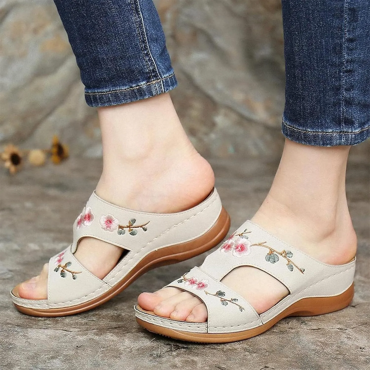 DOIX Womens Leather Slide Sandals Flower Embroidered Comfort Slippers with Arch Support Ladies Slip on Low Wedge Summer Loafers Shoes Casual Mules Garden Beach Shoes