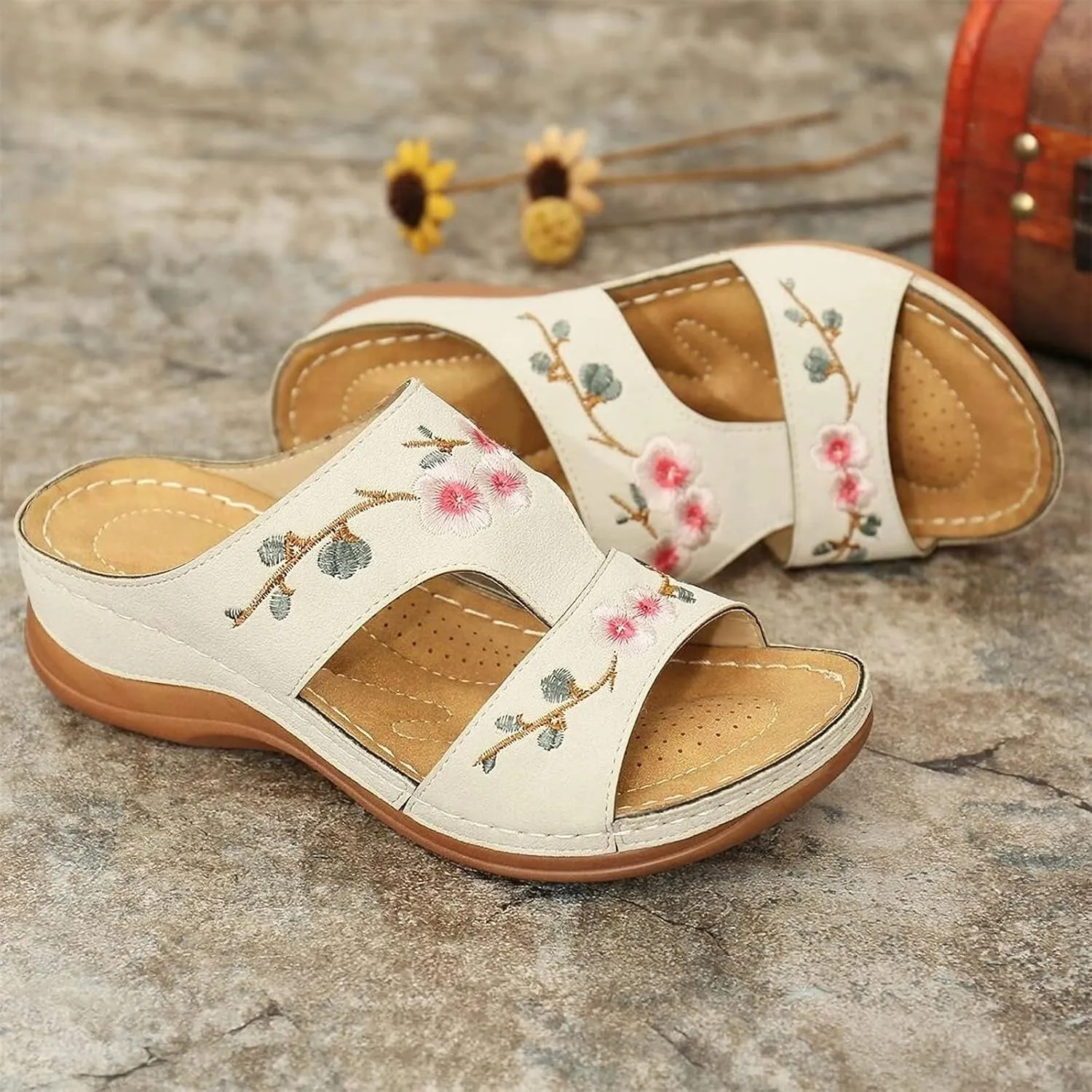 DOIX Womens Leather Slide Sandals Flower Embroidered Comfort Slippers with Arch Support Ladies Slip on Low Wedge Summer Loafers Shoes Casual Mules Garden Beach Shoes