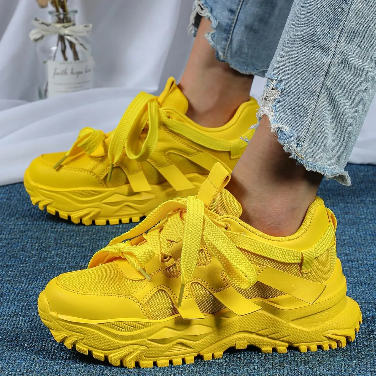 Dopamine Chunky Sneakers for Women & Girls - Breathable Mesh Platform Cute Shoes for Back to School, Beach Travel, Retro Y2K Streetwear, Comfy Trendy Everyday Minimalist Aesthetic, Hiking
