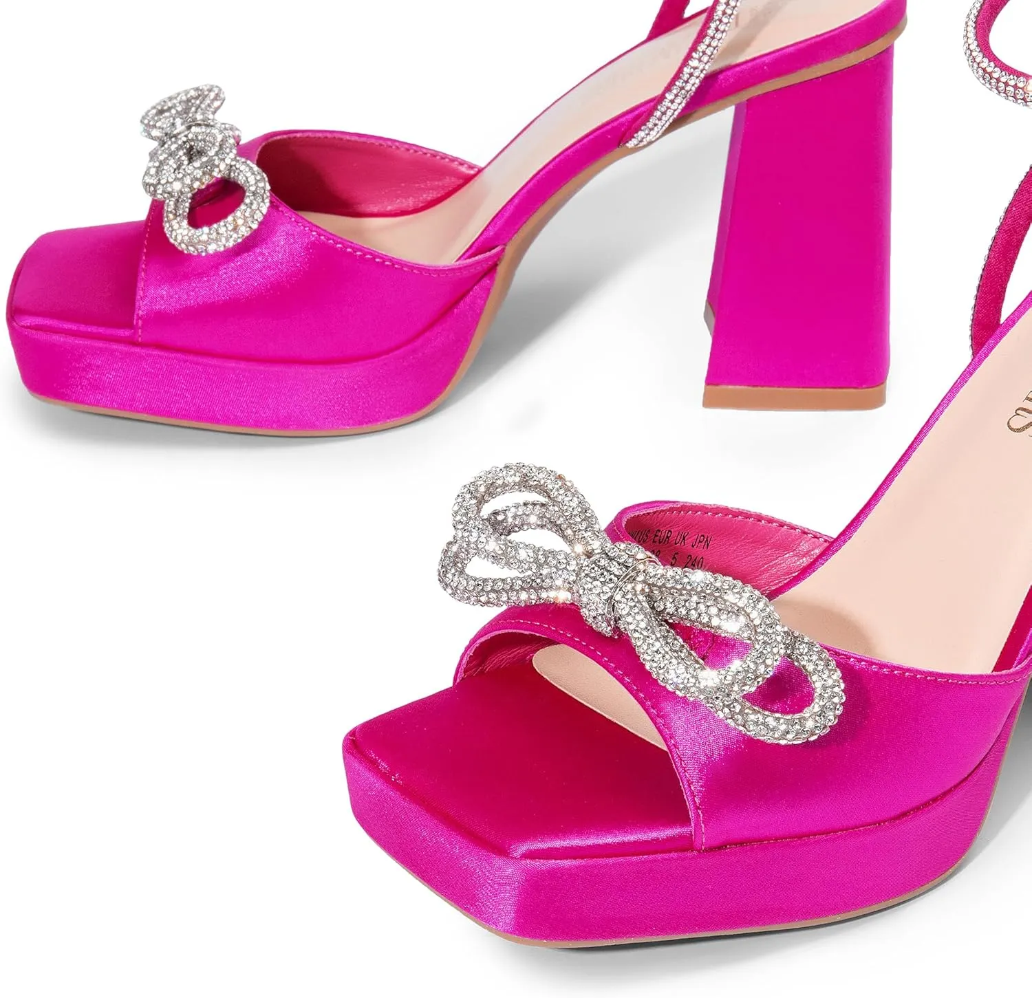 DREAM PAIRS Women's Double Bowknots Platform Chunky Heels Rhinestone High Square Toe Dress Sandals for Wedding Bridal Party