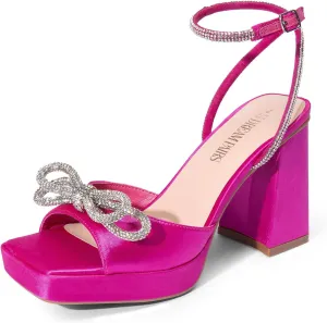 DREAM PAIRS Women's Double Bowknots Platform Chunky Heels Rhinestone High Square Toe Dress Sandals for Wedding Bridal Party