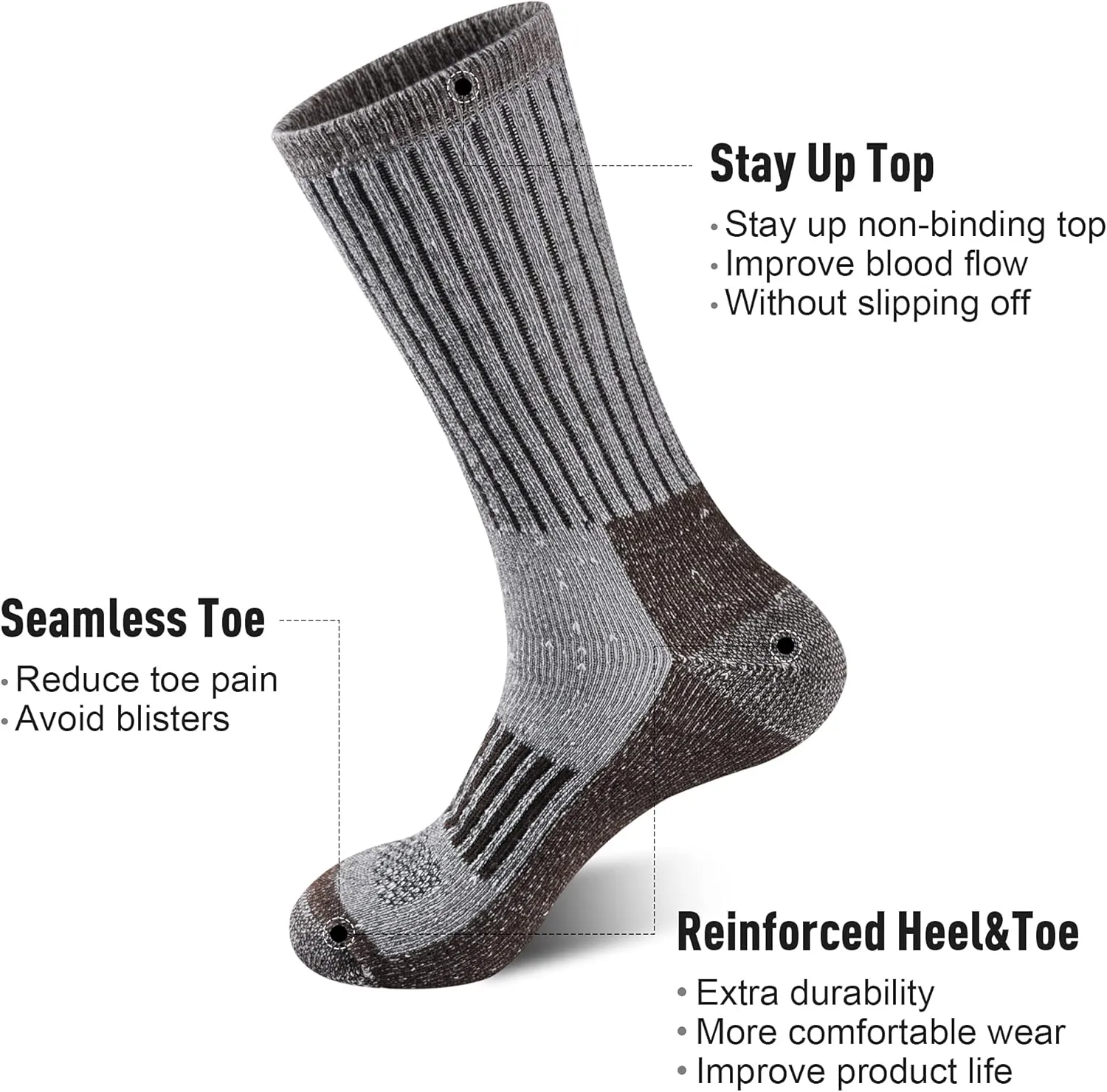ECOEY Men's Merino Wool Cushioned Hiking Trekking Crew Socks 4 Pairs, Middle Calf Length with Moisture Wicking